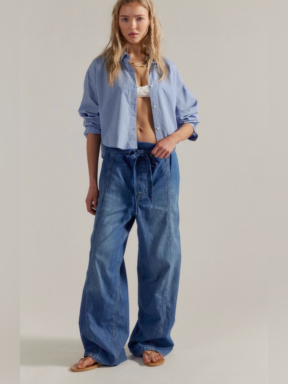 Free People Light-Mid Blue Wide-Leg Drawstring Jeans
